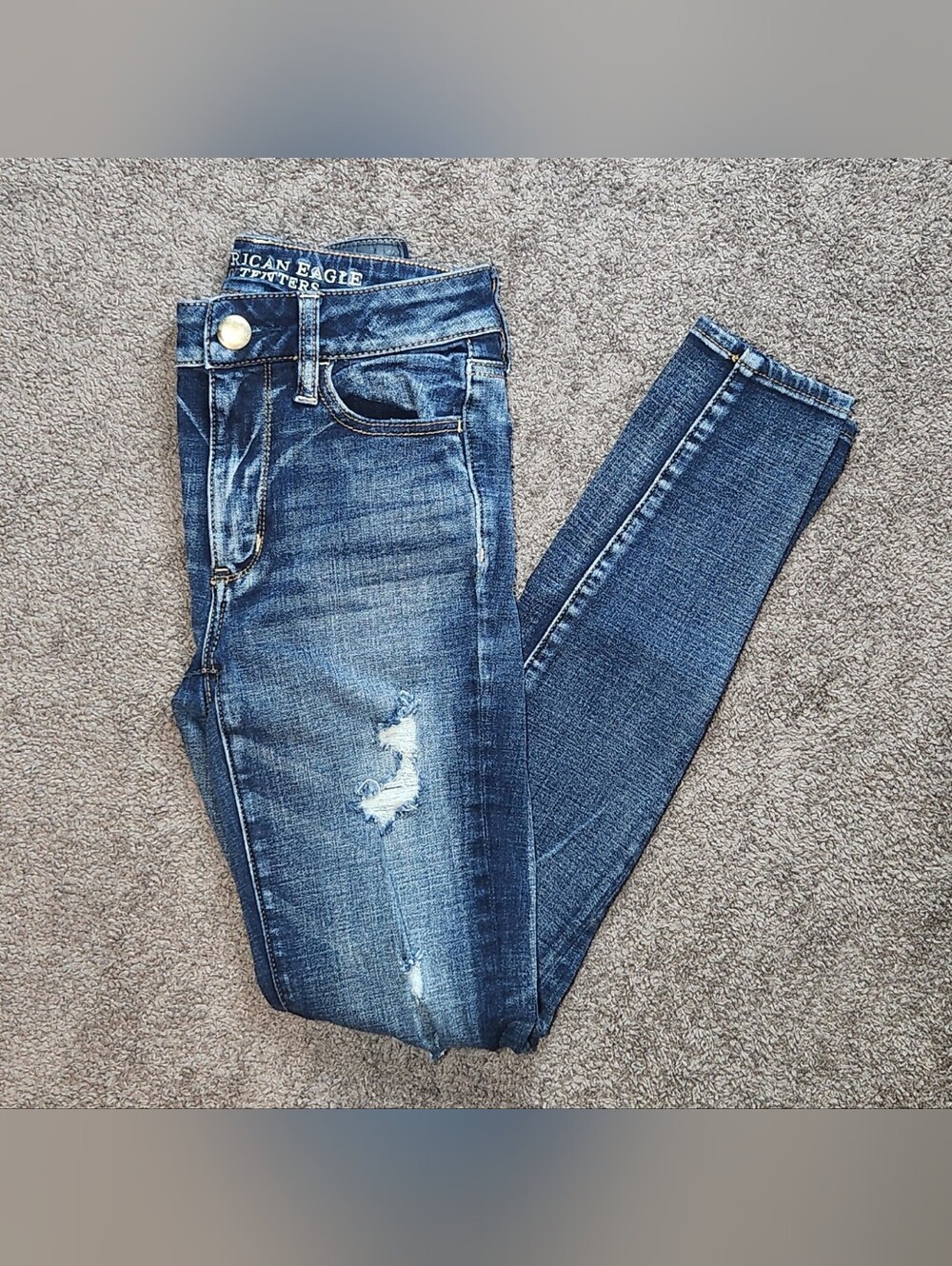 Dark Wash Destroy American Eagle Outfitters Mid-Rise Jegging Super Skinny Jeans